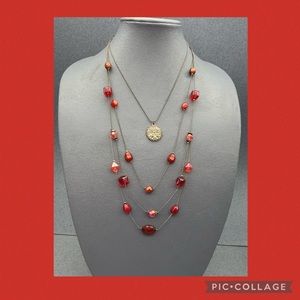 Red Silver Medallion Necklace Multi Strand Organic Faceted Iridescent